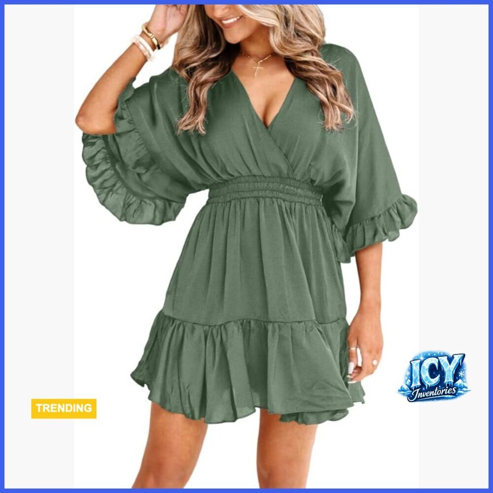 V Neck Casual Mini Dress High Waist Ruffle Pleated Chiffon